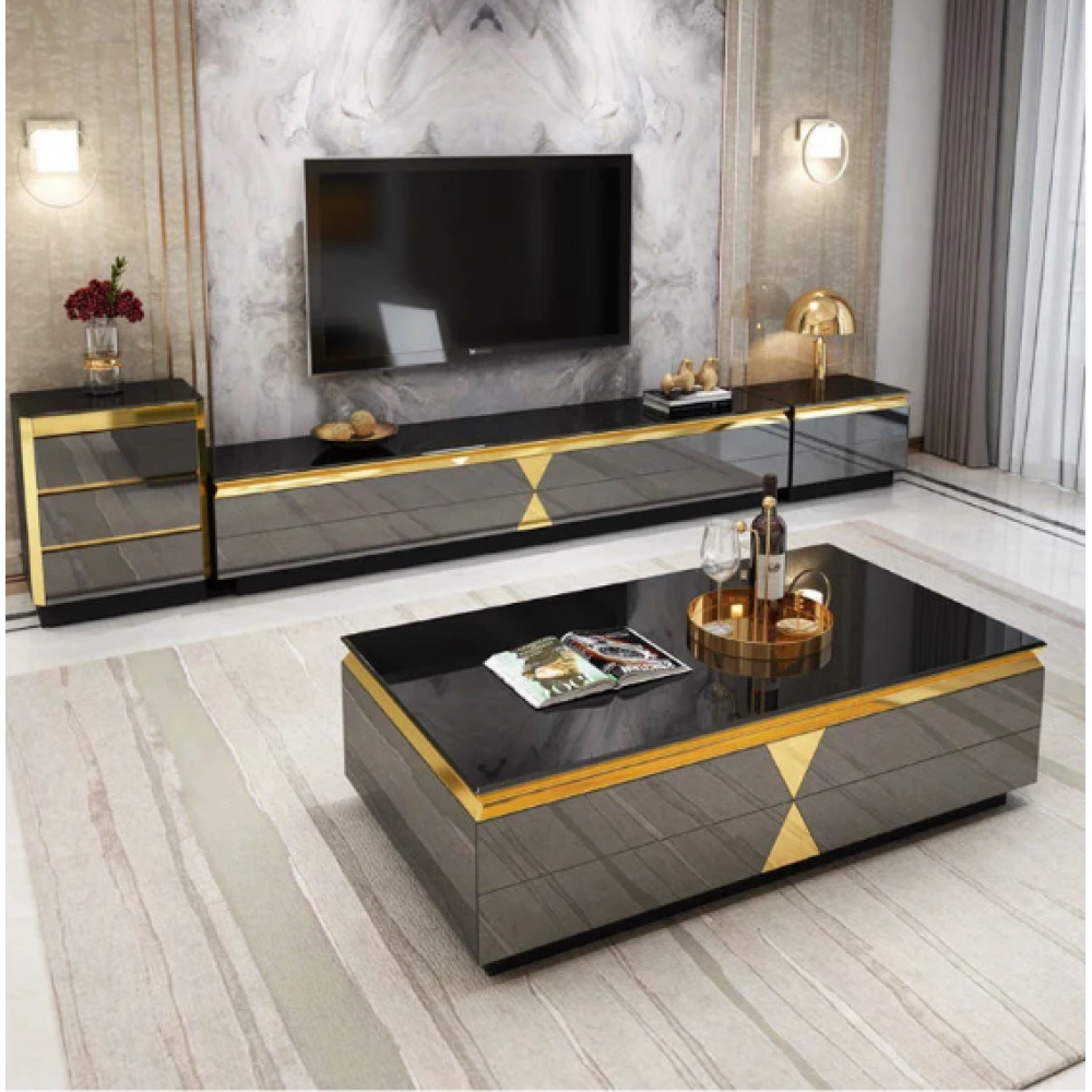 Modern Living Room Furniture Stainless Steel Mirror Glass Coffee Table and TV Stand Sets Modern Living Room Furniture Stainless Steel Mirror Glass Coffee Table and TV Stand Sets