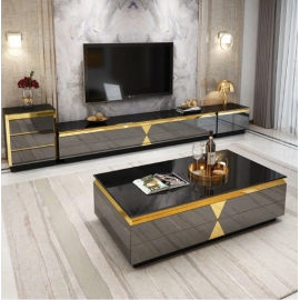 Modern Living Room Furniture Stainless Steel Mirror Glass Coffee Table and TV Stand Sets
