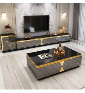 Modern Living Room Furniture Stainless Steel Mirror Glass Coffee Table and TV Stand Sets
